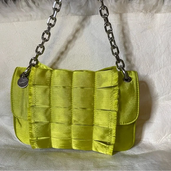 NWT Botkier Chartreuse Sateen Chain Quilt Flap Small Shoulder Bag 9”x 2” x 6”Y2K - Picture 10 of 16